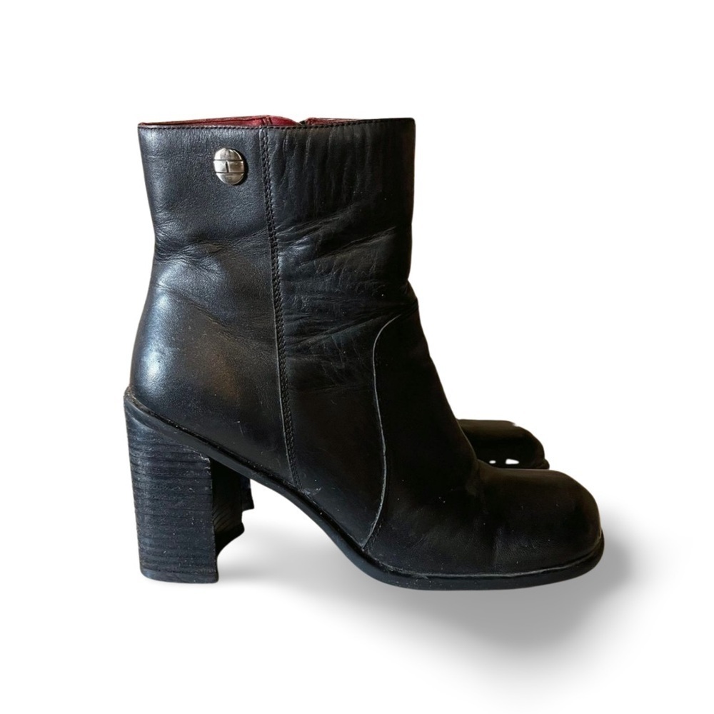 90s Tommy Hilfiger Black Genuine Leather Boots with Chunky Heels Square Toe 9